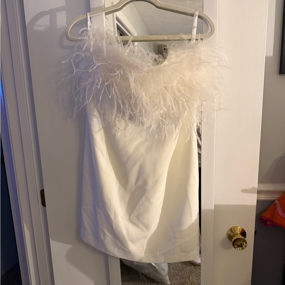 David's Bridal White Feather-Trim Mini Dress
